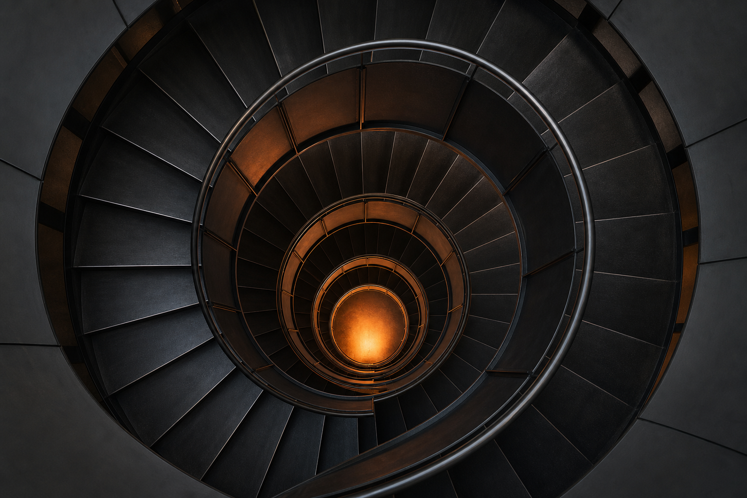 Vue plongeante sur le noyau central d'un escalier hélicoïdal en acier