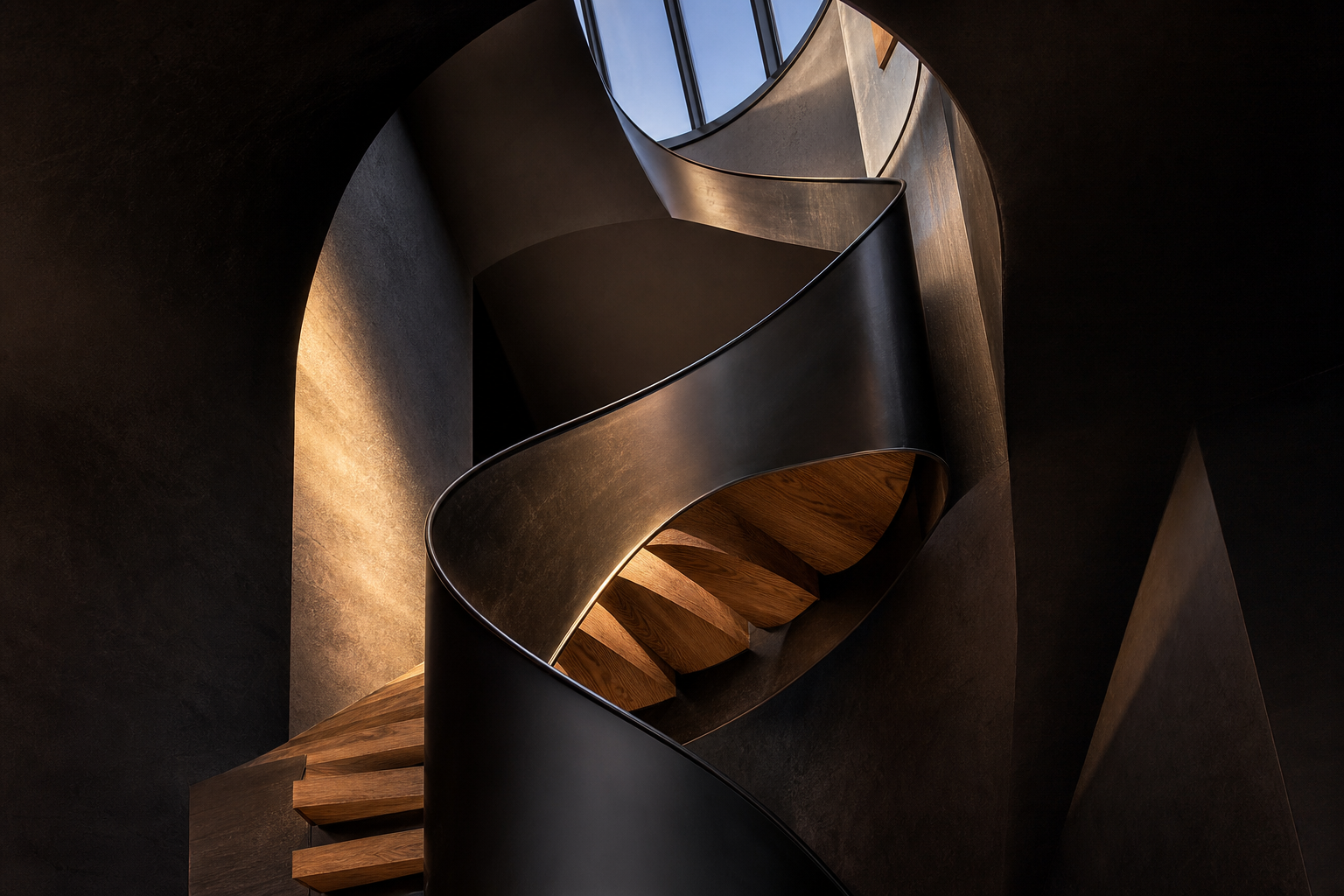 Escalier hélicoïdal en bois et acier noir photographié en contre-plongée dans un intérieur contemporain à Vichy