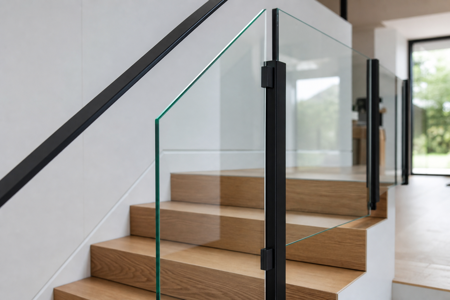Détail d'un garde-corps en verre et acier noir sur un escalier contemporain