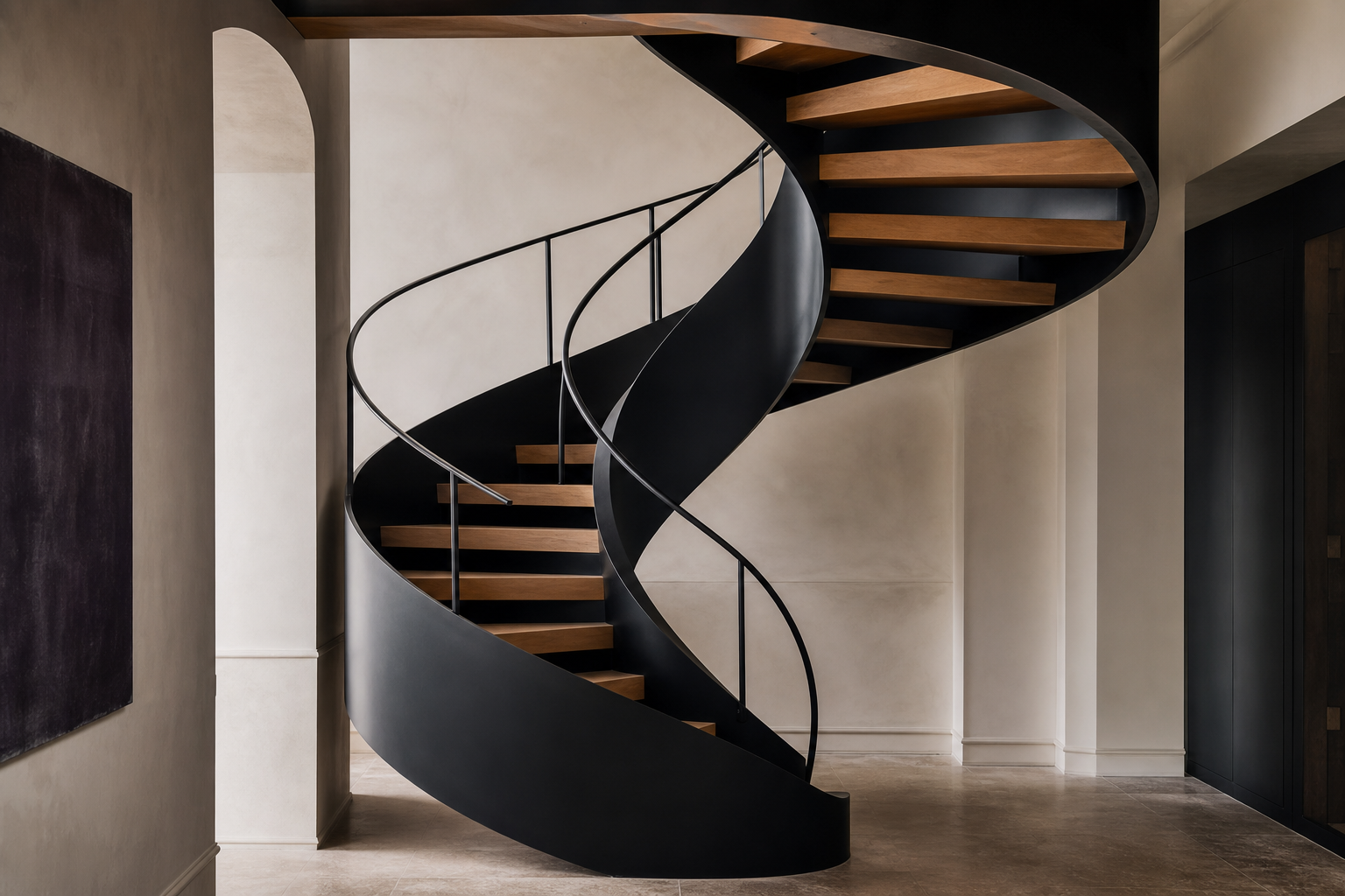 Escalier hélicoïdal en acier noir et bois vu de dessus, structure en colimaçon