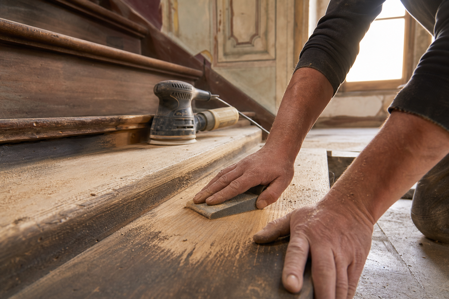 Artisan poncant et rénovant les marches en bois d'un escalier ancien