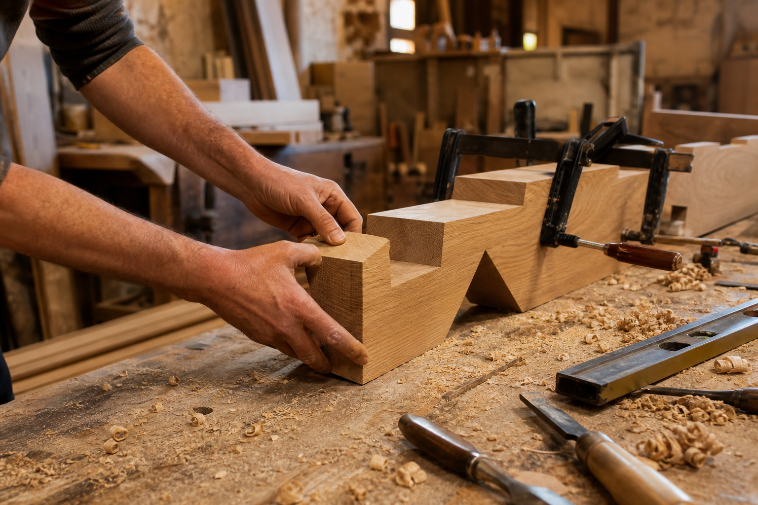 Artisan assemblant un limon d'escalier en bois massif dans l'atelier Ascension Escaliers